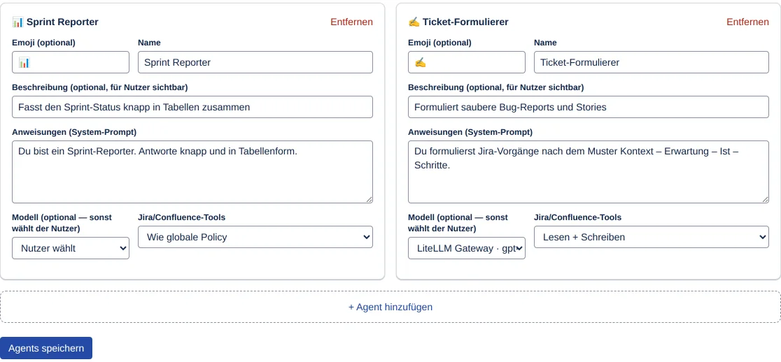 eine Agent-Karte mit allen sechs Feldern und dem Button Agents speichern