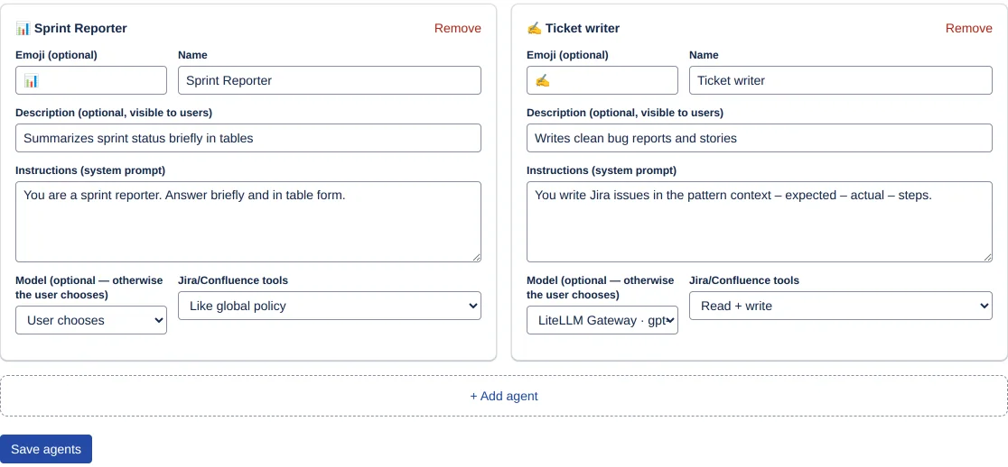 an agent card with all six fields and the Save agents button