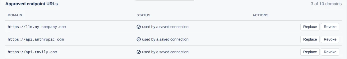 the table Approved endpoint URLs with status and the actions Replace and Revoke