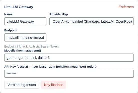 eine Verbindungskarte mit den Feldern Name, Provider-Typ, Endpoint, Modelle (kommagetrennt) und API-Key