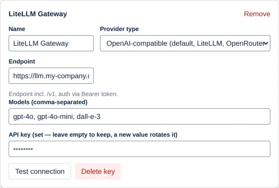 a connection card with the fields Name, Provider type, Endpoint, Models (comma-separated) and API key
