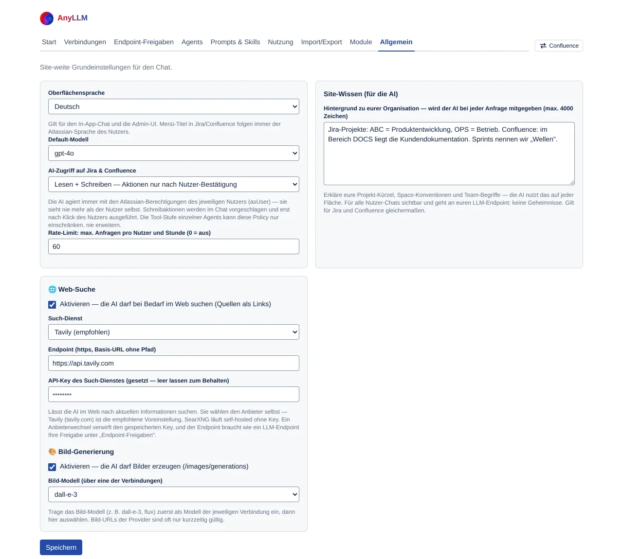 die Seite Allgemein mit den drei Karten: Grundeinstellungen, Site-Wissen, Web-Suche und Bild-Generierung