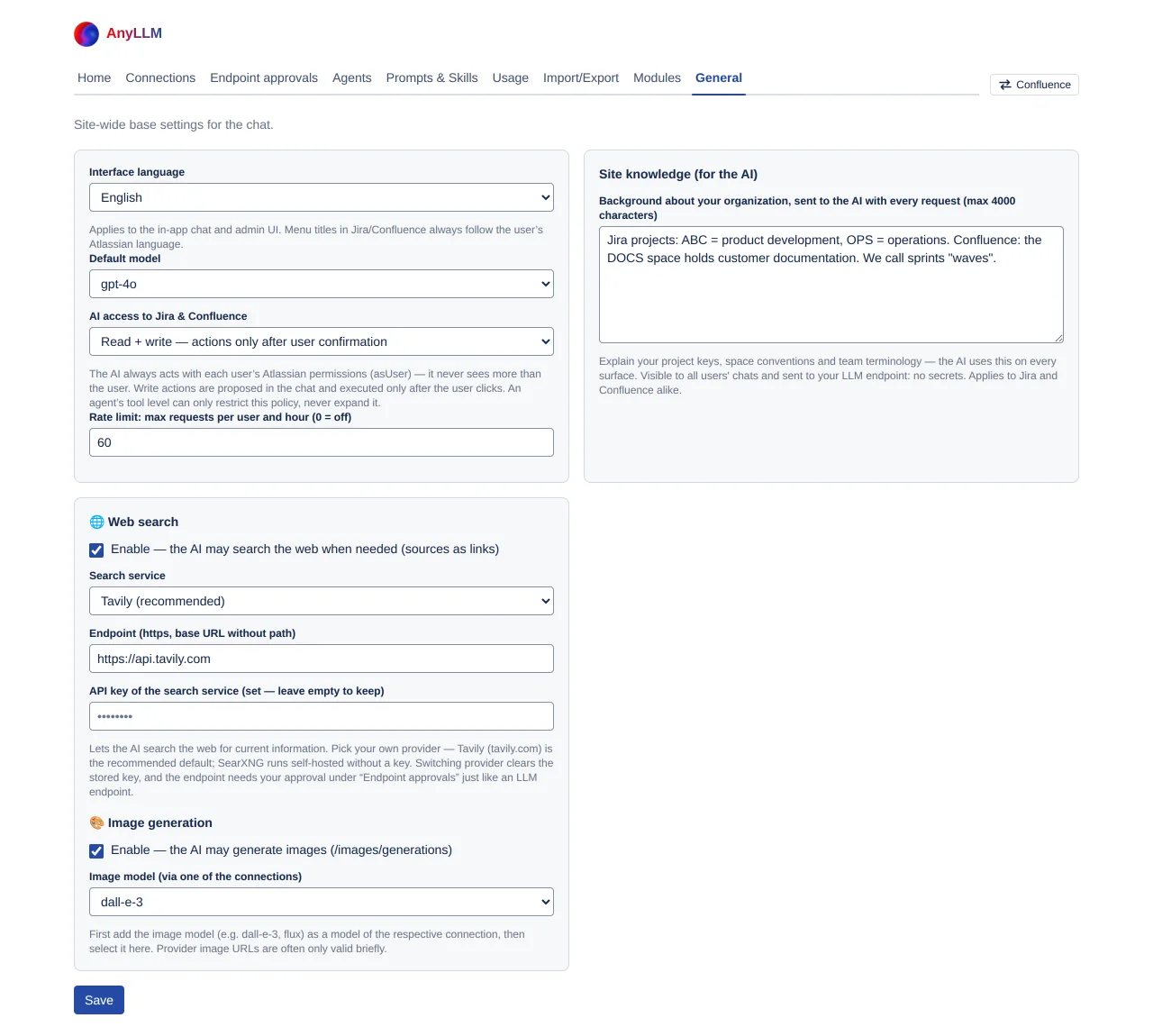 the General page with the three cards: base settings, site knowledge, web search and image generation
