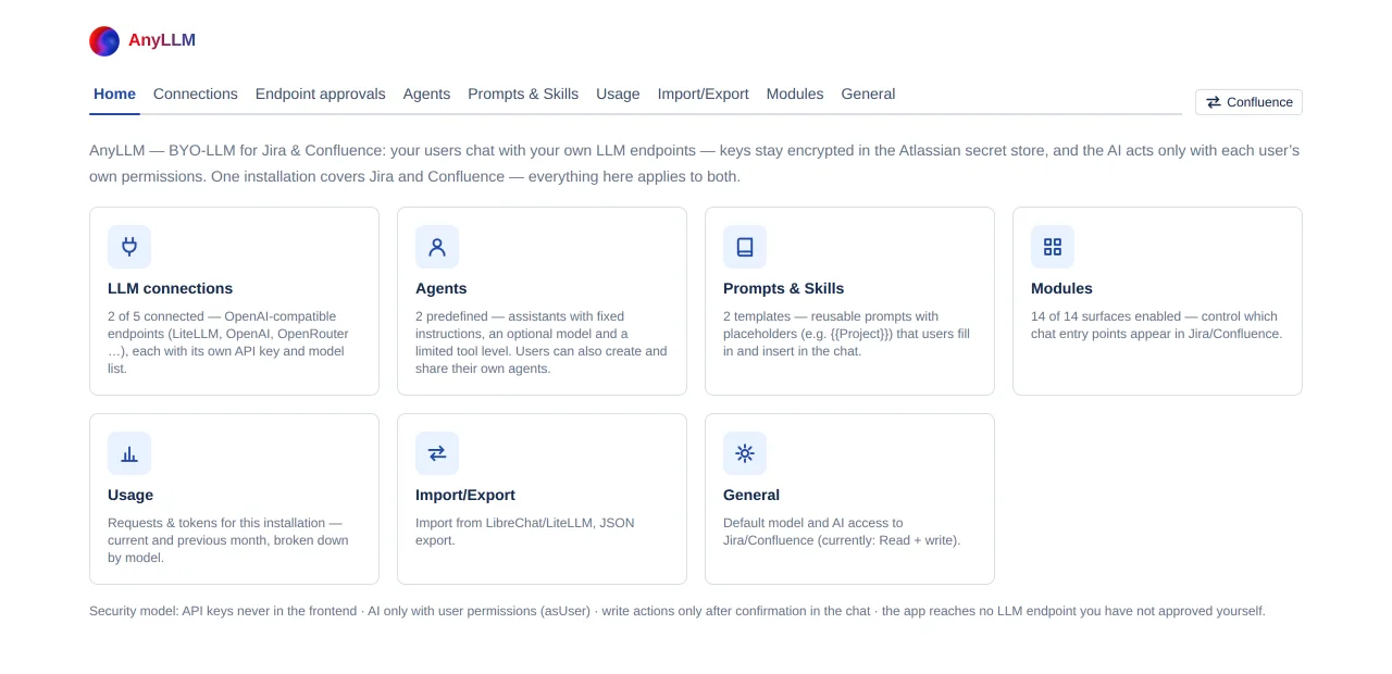 the Home page with the seven cards and the security-model line