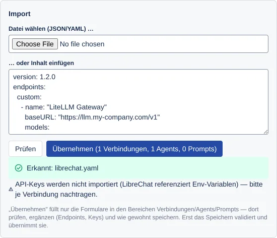 die Karte Import nach Prüfen mit der Zeile Erkannt und dem Button Übernehmen