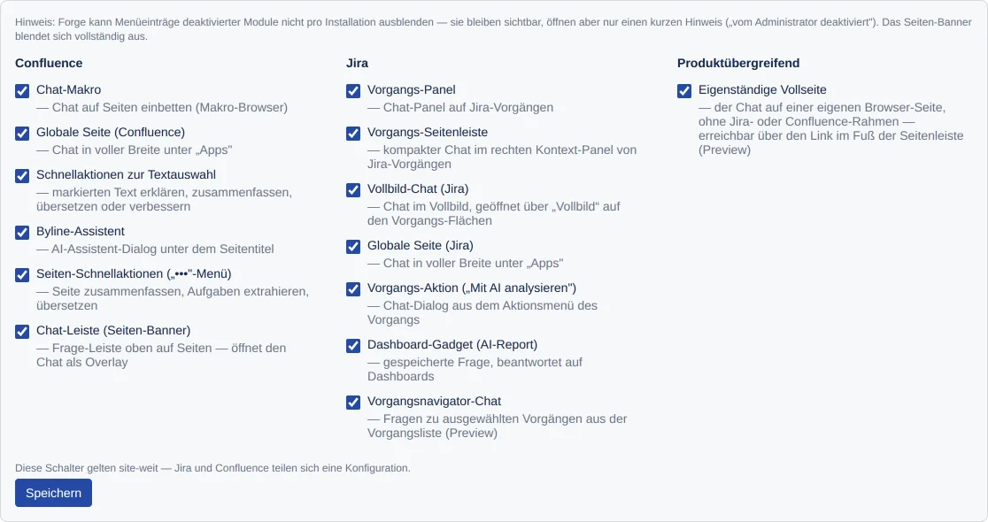 die Seite Module mit den drei Gruppen Confluence, Jira und Produktübergreifend