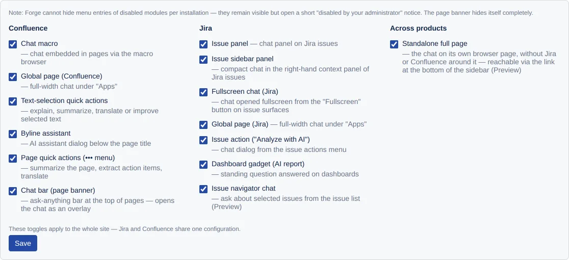 the Modules page with the three groups Confluence, Jira and Across products