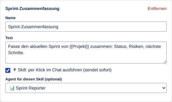 eine Prompt-Karte mit gesetztem Skill-Häkchen und sichtbarer Agent-Auswahl