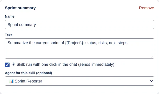 a prompt card with the skill checkbox ticked and the agent selector visible