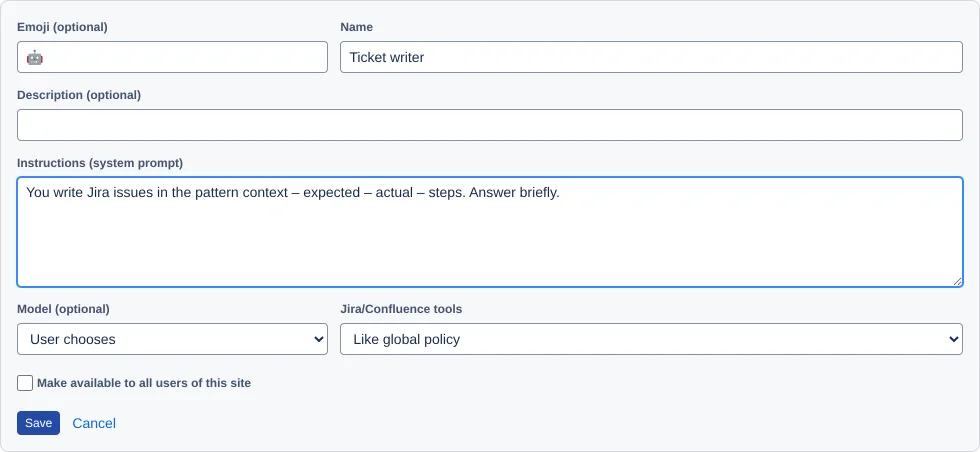 the agent editor with all fields and the share checkbox