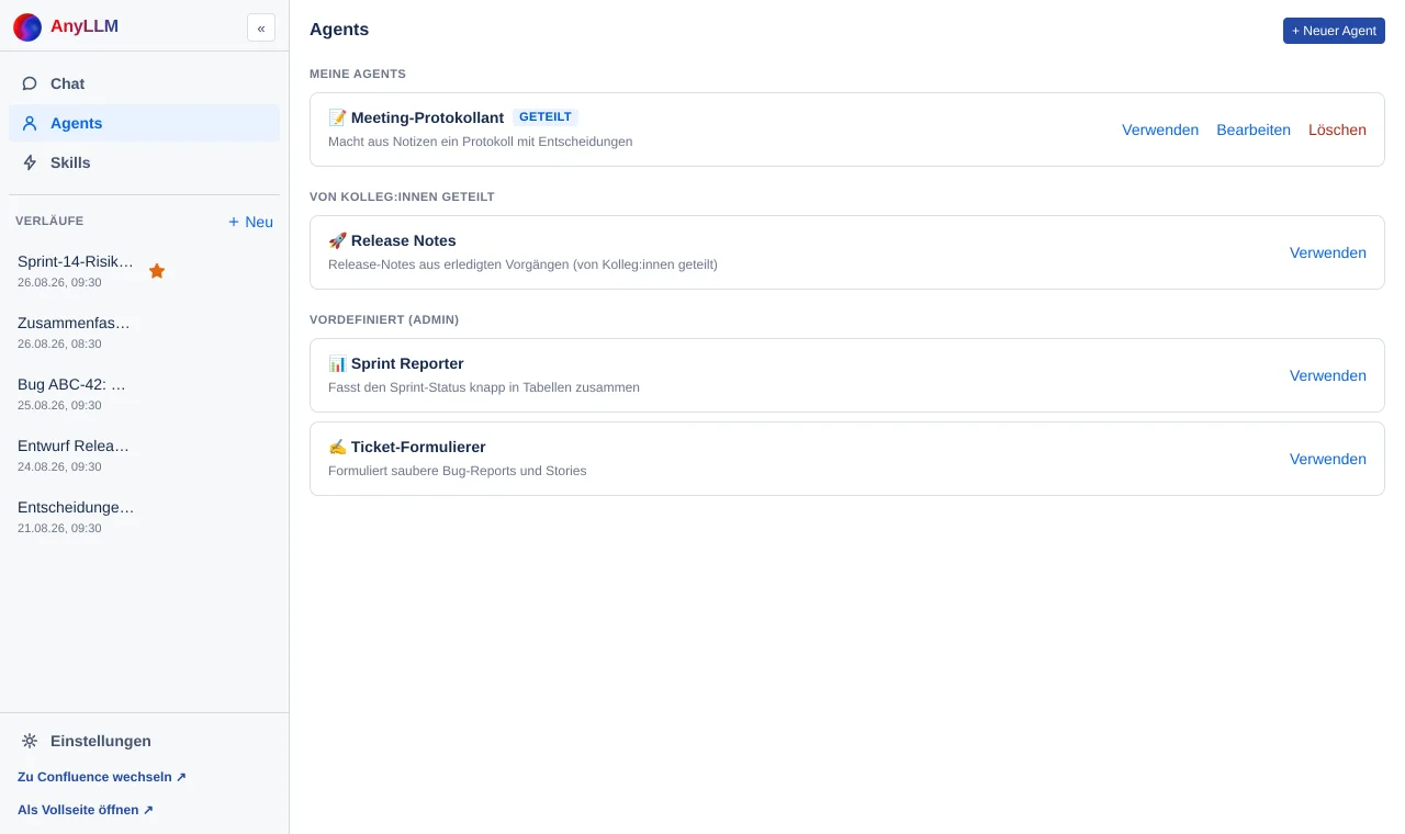 die Seite Agents mit den drei Gruppen Meine Agents, Von Kolleg:innen geteilt und Vordefiniert (Admin)