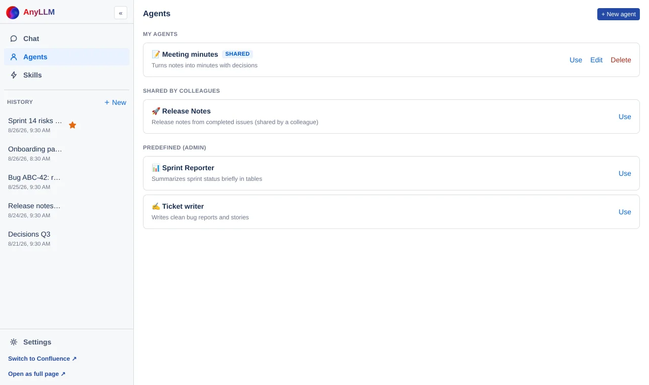 the Agents page with the three groups My agents, Shared by colleagues and Predefined (admin)