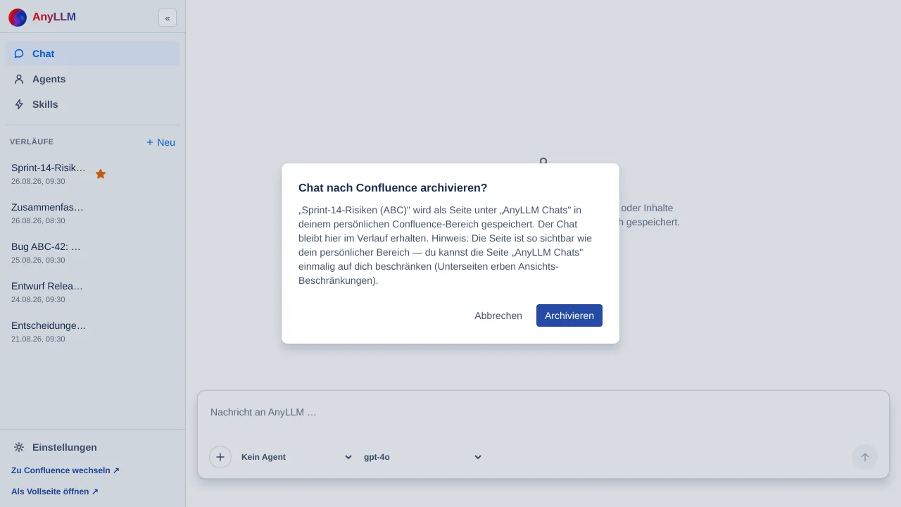 der Dialog „Chat nach Confluence archivieren?" mit den Knöpfen Abbrechen und Archivieren