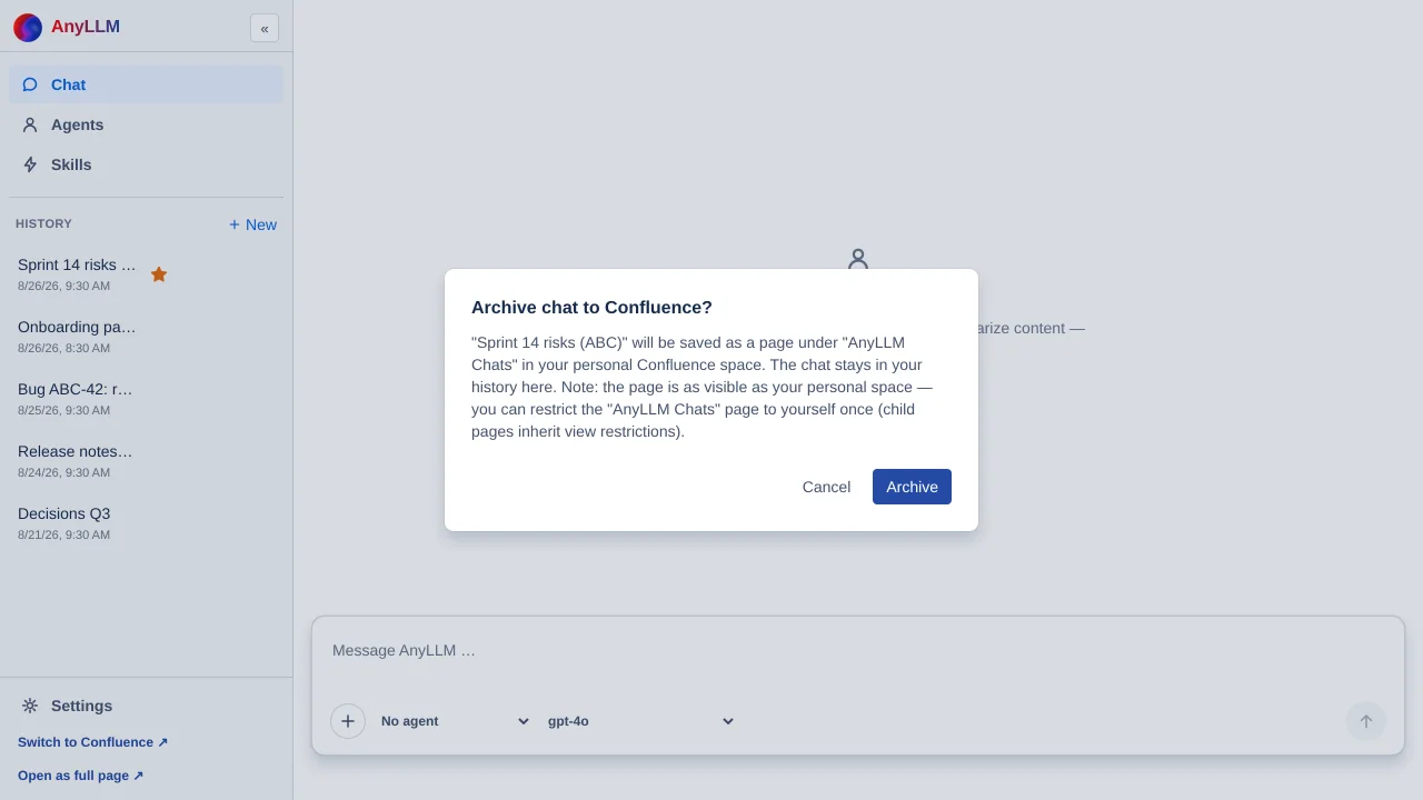 the dialog "Archive chat to Confluence?" with the buttons Cancel and Archive