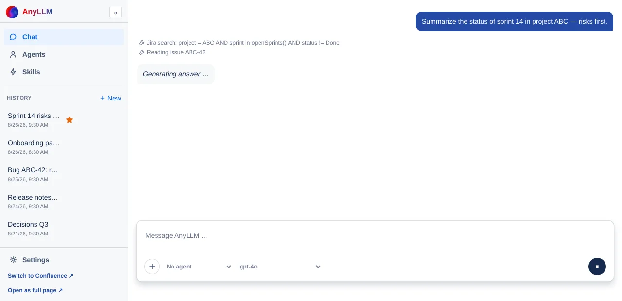 An answer being generated, with the Stop button and the state "Generating answer …"
