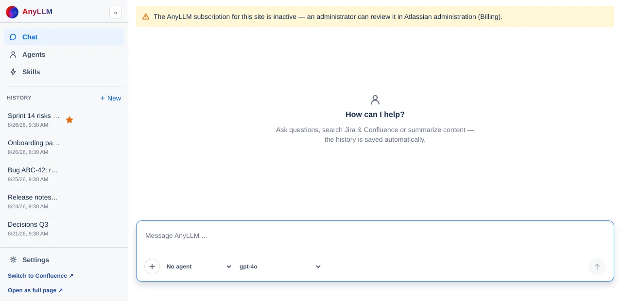 the chat with the inactive-subscription banner above the input field
