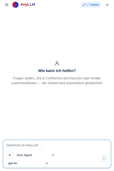 Der hohe, schmale Dialog „AnyLLM Chat", geöffnet aus der Byline unter dem Seitentitel