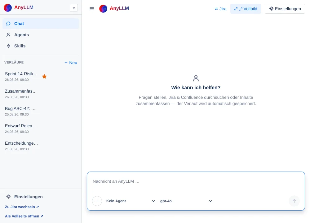 Eine Confluence-Seite mit dem eingebetteten Makro AnyLLM Chat; Kopfzeile mit ☰, AnyLLM, Jira, ⤢ Vollbild, Einstellungen