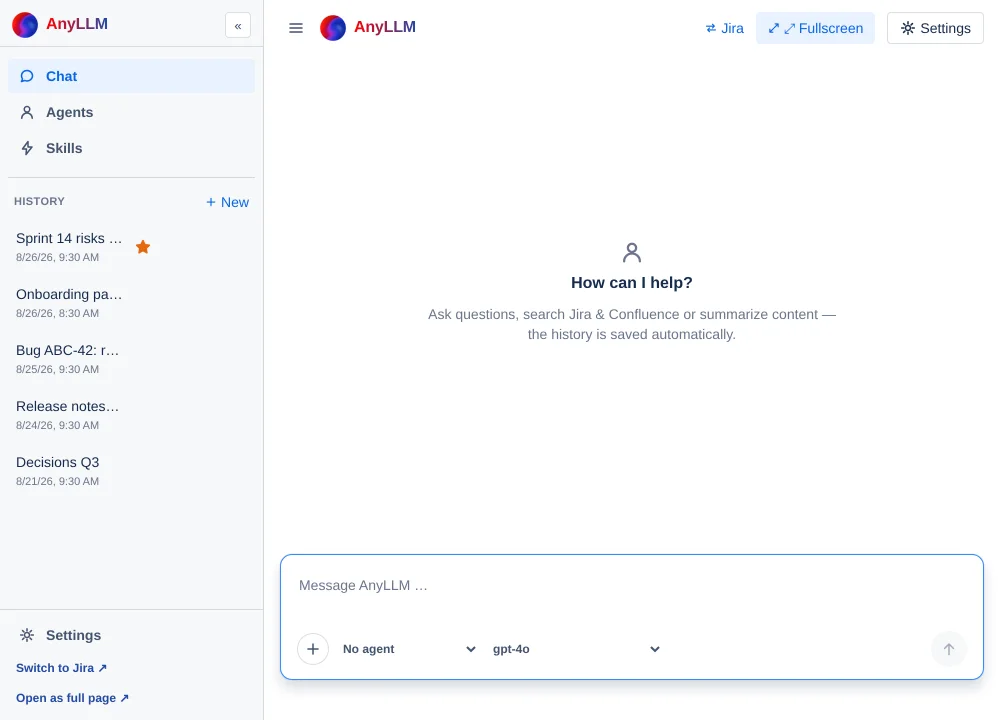 A Confluence page with the embedded AnyLLM Chat macro; header row with ☰, AnyLLM, Jira, ⤢ Fullscreen, Settings