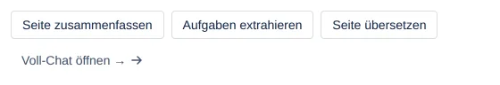 Seiten-Schnellaktions-Dialog aus dem •••-Menü: Seite zusammenfassen, Aufgaben extrahieren, Seite übersetzen, Voll-Chat öffnen →