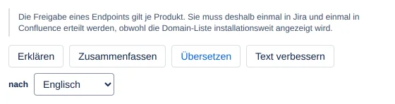 Schnellaktions-Dialog zu markiertem Text: Zitat, die vier Knöpfe, Übersetzen mit der Auswahl „nach"