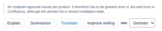 Quick-action dialog on selected text: quotation, the four buttons, Translate with the "into" selector