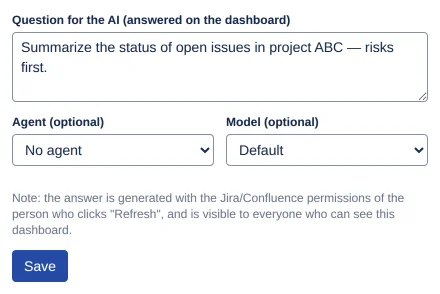 The gadget edit form: question, Agent (optional), Model (optional), the permissions note and Save