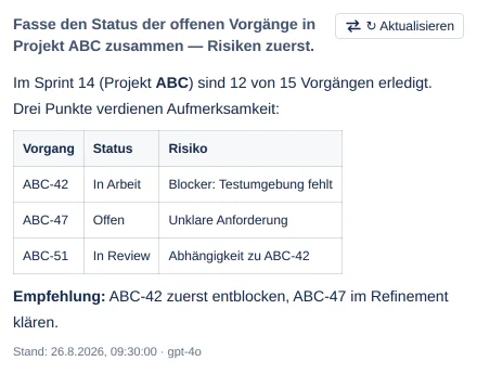 Das Gadget auf einem Dashboard mit Frage, Antwort, „Stand" mit Datum, Uhrzeit und Modell sowie ↻ Aktualisieren