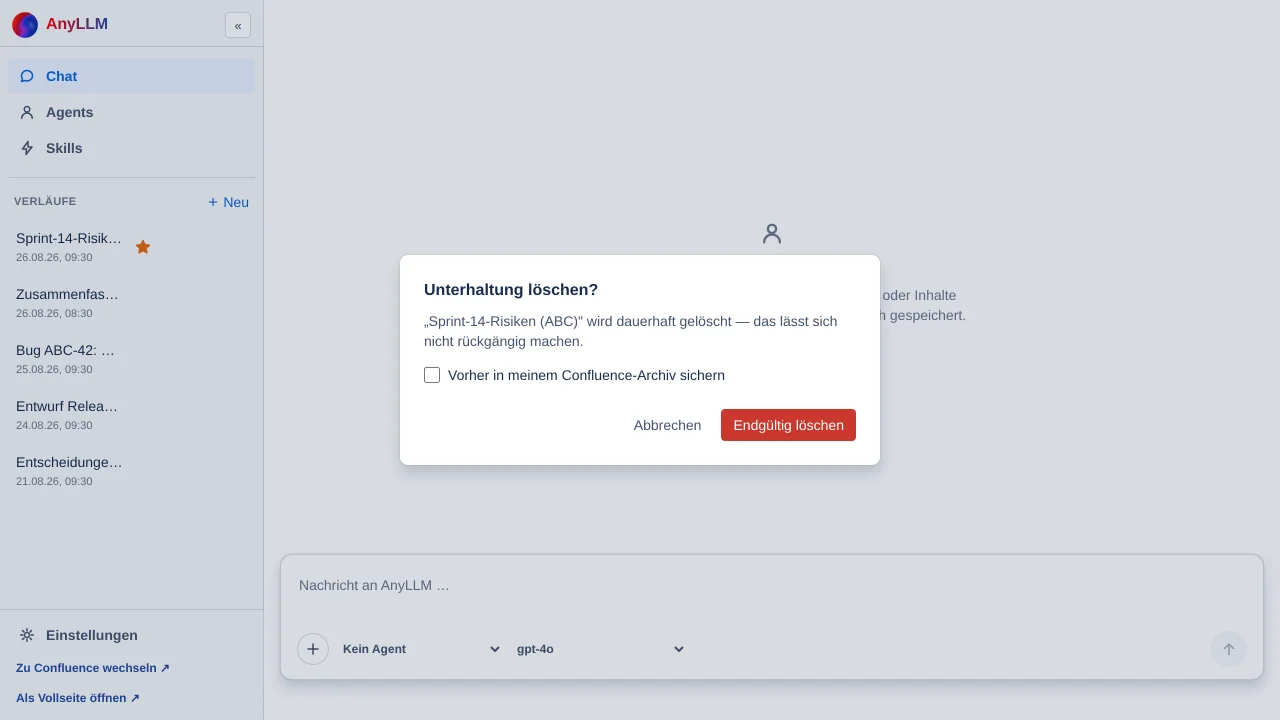 der Dialog „Unterhaltung löschen?" mit dem Häkchen „Vorher in meinem Confluence-Archiv sichern"