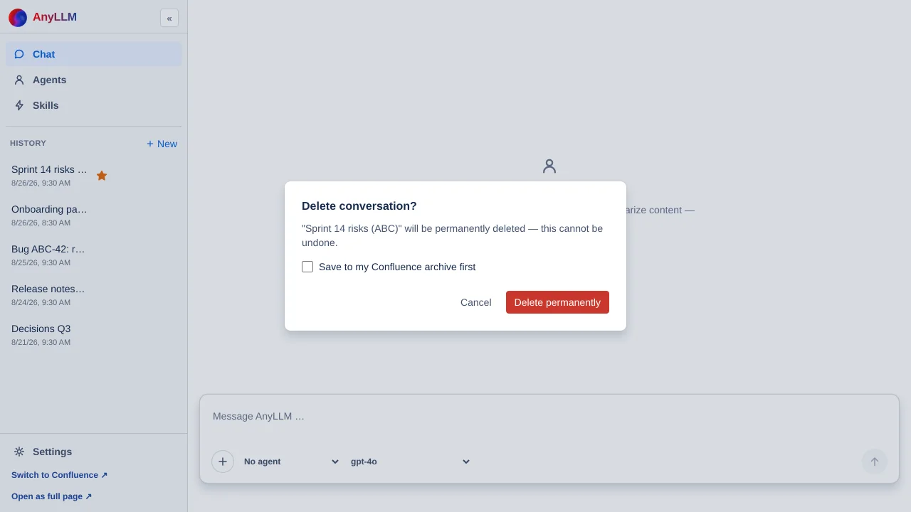 the dialog "Delete conversation?" with the checkbox "Save to my Confluence archive first"