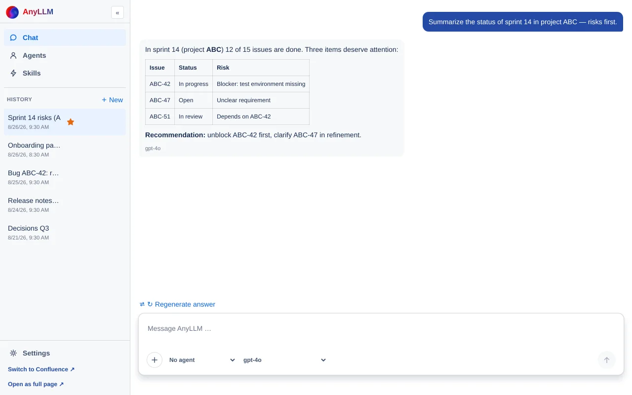 App page in Jira with the expanded sidebar, one conversation and the composer