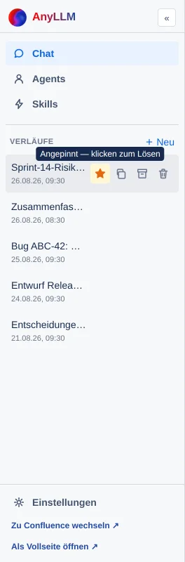 die Liste Verläufe mit einem angepinnten Eintrag und den vier Symbolen Anpinnen, Fork, Archivieren, Löschen
