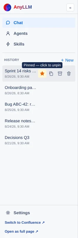 the History list with a pinned entry and the four icons pin, fork, archive, delete