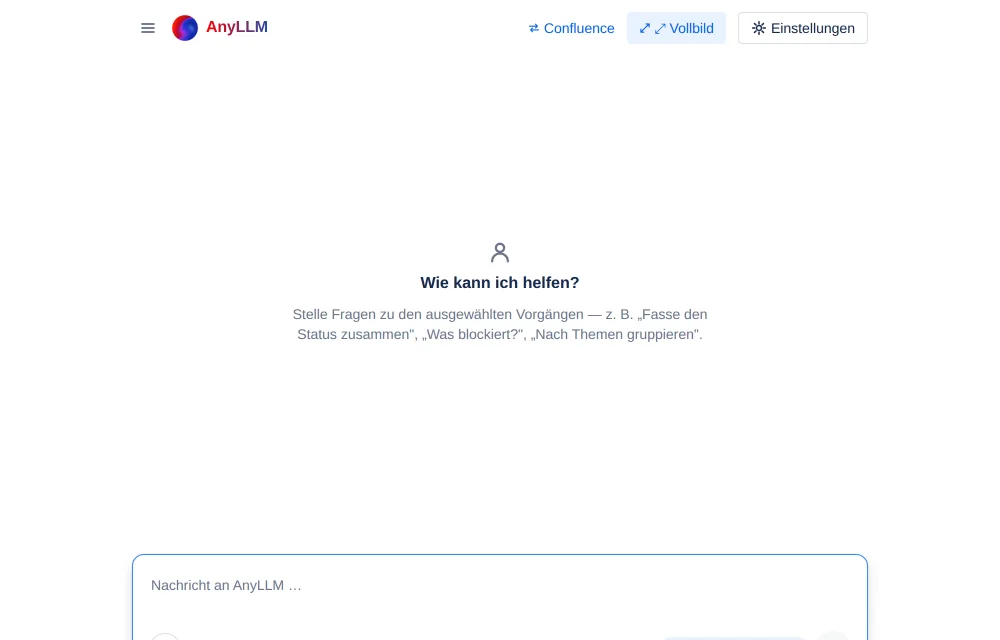 Der Dialog AnyLLM Chat aus der Vorgangsliste mit dem Chip „3 Vorgänge ausgewählt" und dem Starthinweis