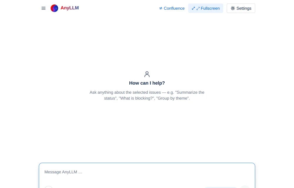 The AnyLLM Chat dialog from the issue list with the chip "3 issues selected" and the start hint