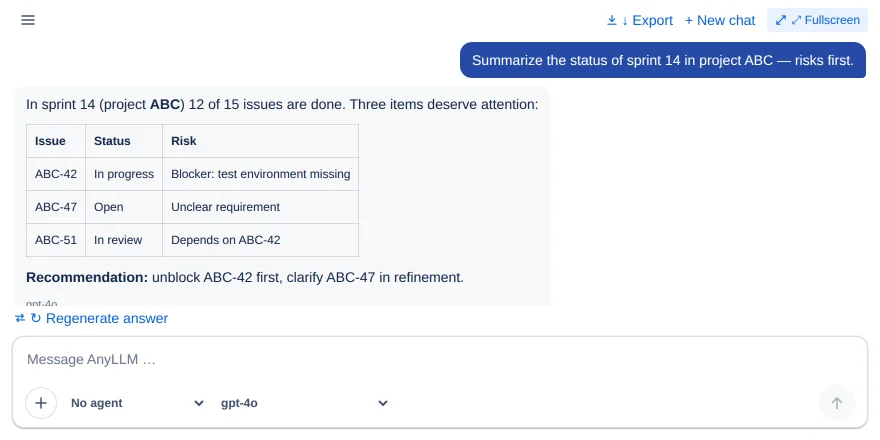 The AnyLLM Chat panel in an issue: fixed height, header with ☰, ↓ Export, + New chat, ⤢ Fullscreen