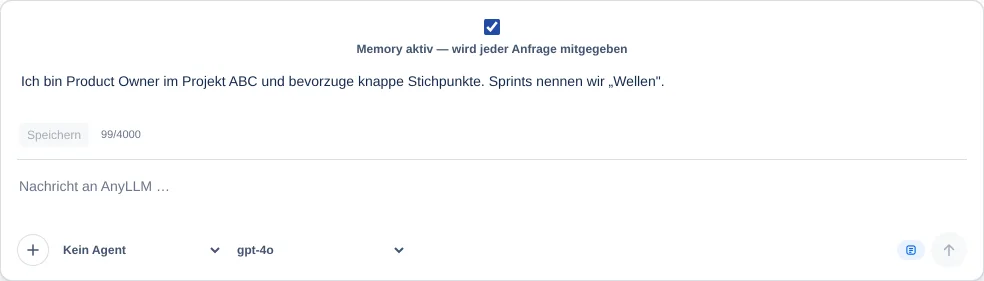 Das Memory-Panel mit Häkchen, Textfeld, Speichern und Zähler