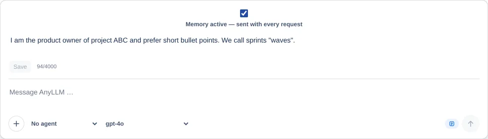 The memory panel with the checkbox, the text field, Save and the counter