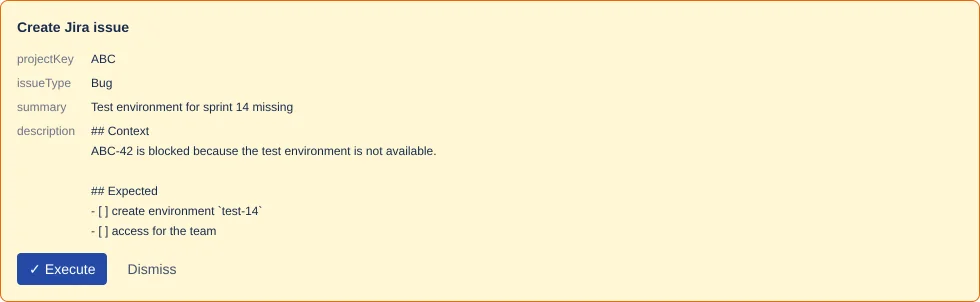 a suggestion card "Create Jira issue" with fields and the buttons ✓ Execute and Dismiss