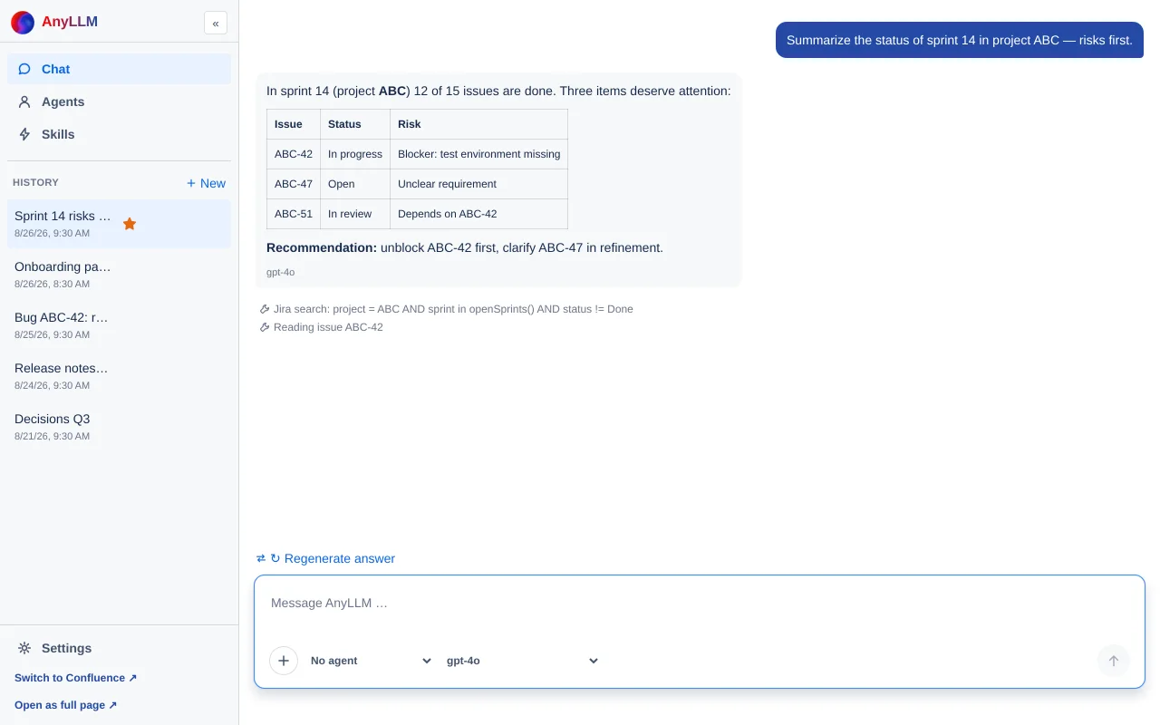 an answer with the tool rows "Jira search: …" and "Reading issue …" above it