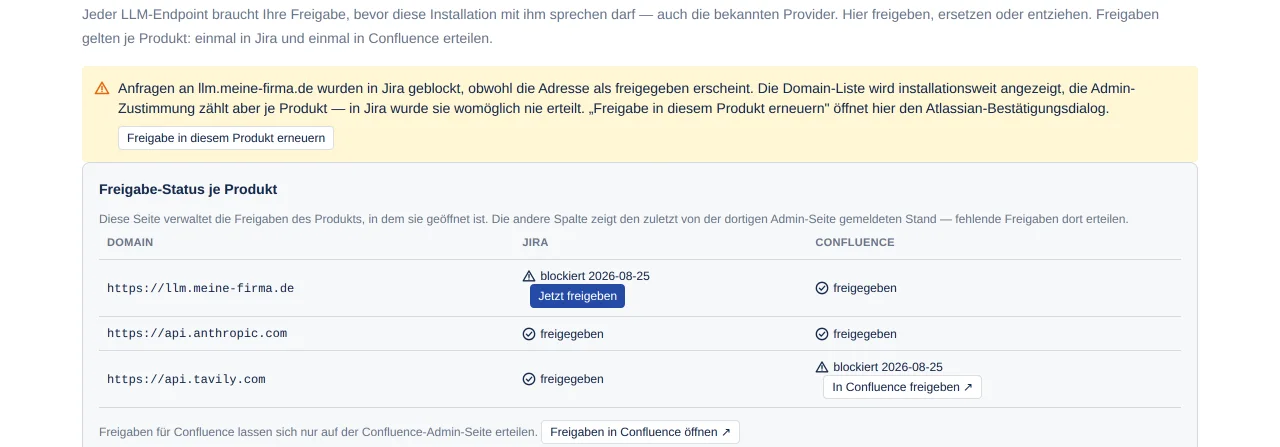 die Tabelle „Freigabe-Status je Produkt" mit einer Zelle „blockiert" und dem Knopf „Freigabe in diesem Produkt erneuern"