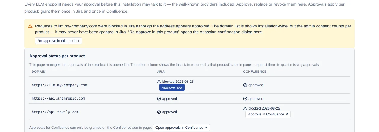 the "Approval status per product" table with a "blocked" cell and the "Re-approve in this product" button