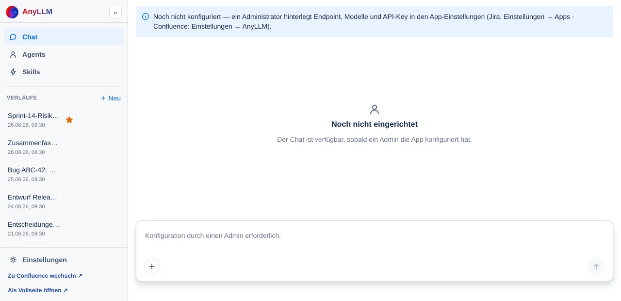 Chat mit dem Leerzustand „Noch nicht eingerichtet" und gesperrtem Eingabefeld