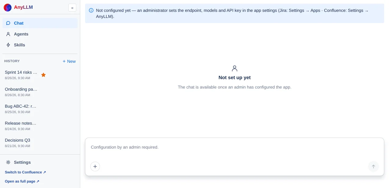chat with the "Not set up yet" empty state and the locked input field