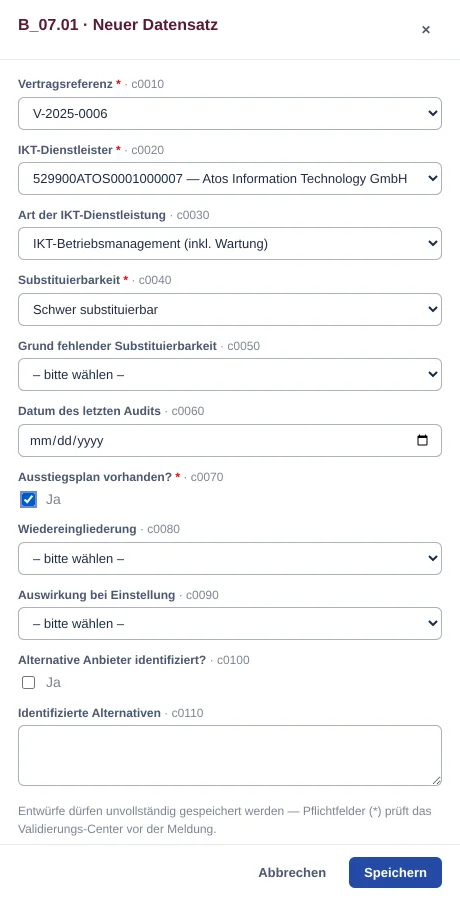 Ausgefüllter Editor für eine Bewertung in B_07.01 mit gewähltem Vertrag und Dienstleister