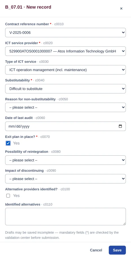 Filled-in editor for an assessment in B_07.01 with contract and provider selected