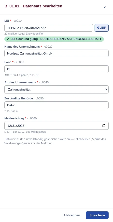 Ergebnis für einen bei GLEIF aktiven LEI (Beispiel mit einem öffentlichen LEI): grünes Badge mit dem registrierten Namen