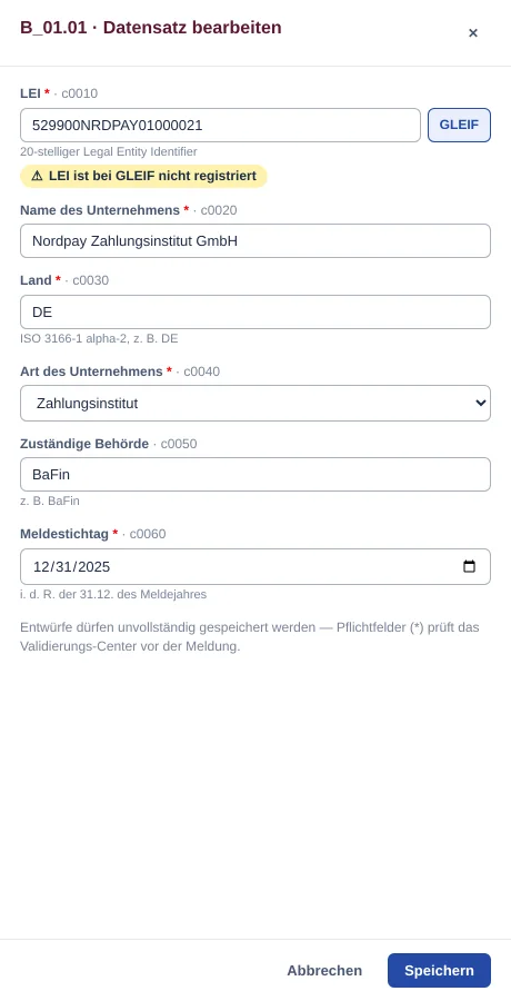 Ergebnis für einen Demo-LEI: formal gültig, aber bei GLEIF nicht registriert