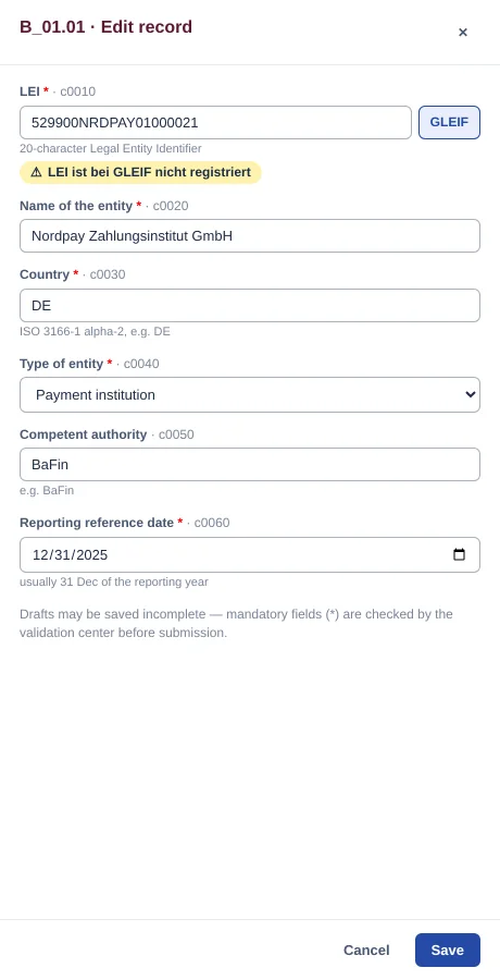 Result for a demo LEI: formally valid but not registered with GLEIF