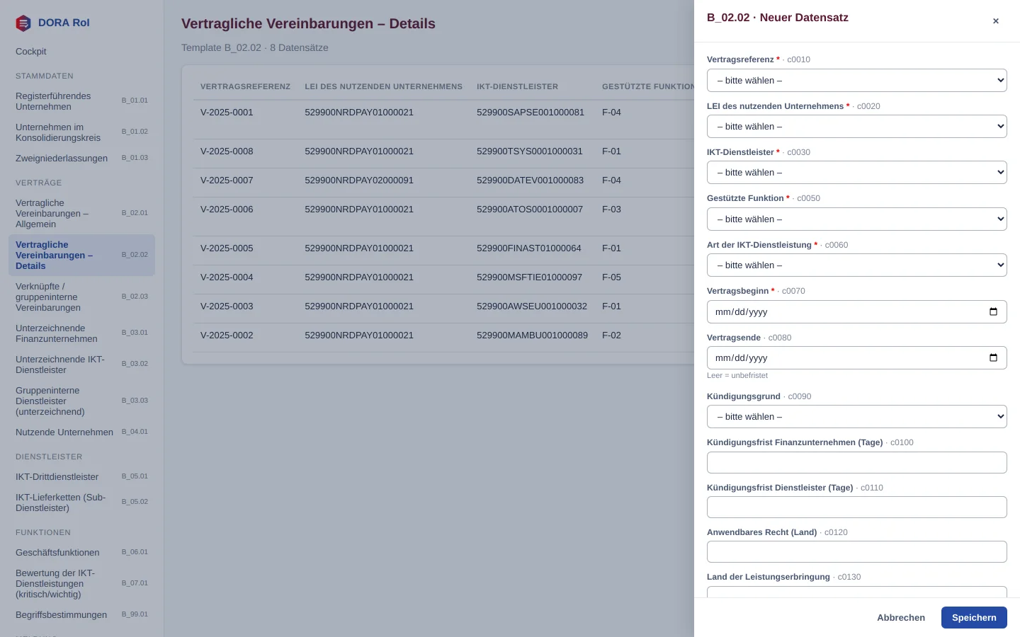 Der Editor für einen neuen Datensatz in B_02.02. Verweise sind Auswahllisten, Pflichtfelder tragen einen Stern, Spaltencodes stehen grau neben der Bezeichnung